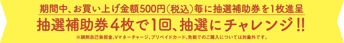 期間中、お買い上げ金額500円（税込）毎に抽選補助券を1枚進呈　抽選補助券4枚で1回、抽選にチャレンジ！！