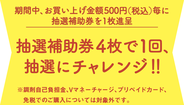 期間中、お買い上げ金額500円（税込）毎に抽選補助券を1枚進呈　抽選補助券4枚で1回、抽選にチャレンジ！！